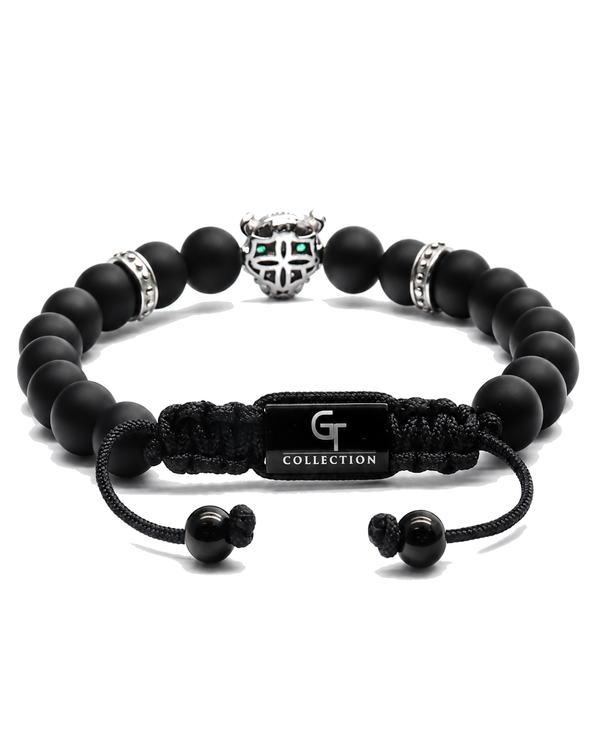 Black onyx bead bracelet with silver leopard head charm and black cord clasp