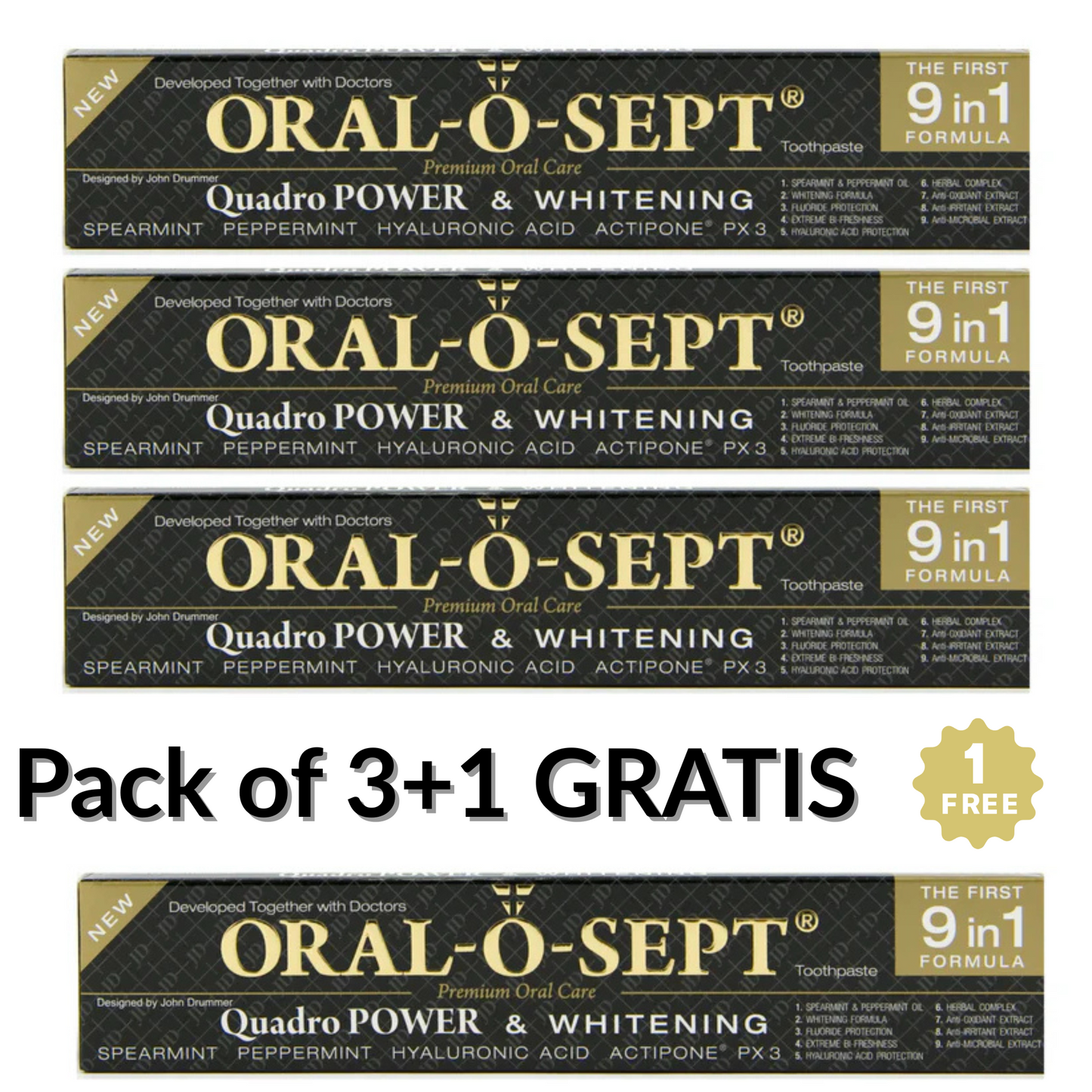 ORAL-O-SEPT Premium Toothpaste Quadro POWER & WHITENING (Pack of 3+1 GRATIS)