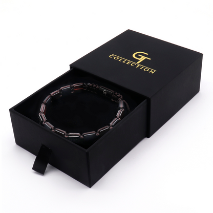 Herenarmband met rode tijgeroog en matte onyx met platte kralen