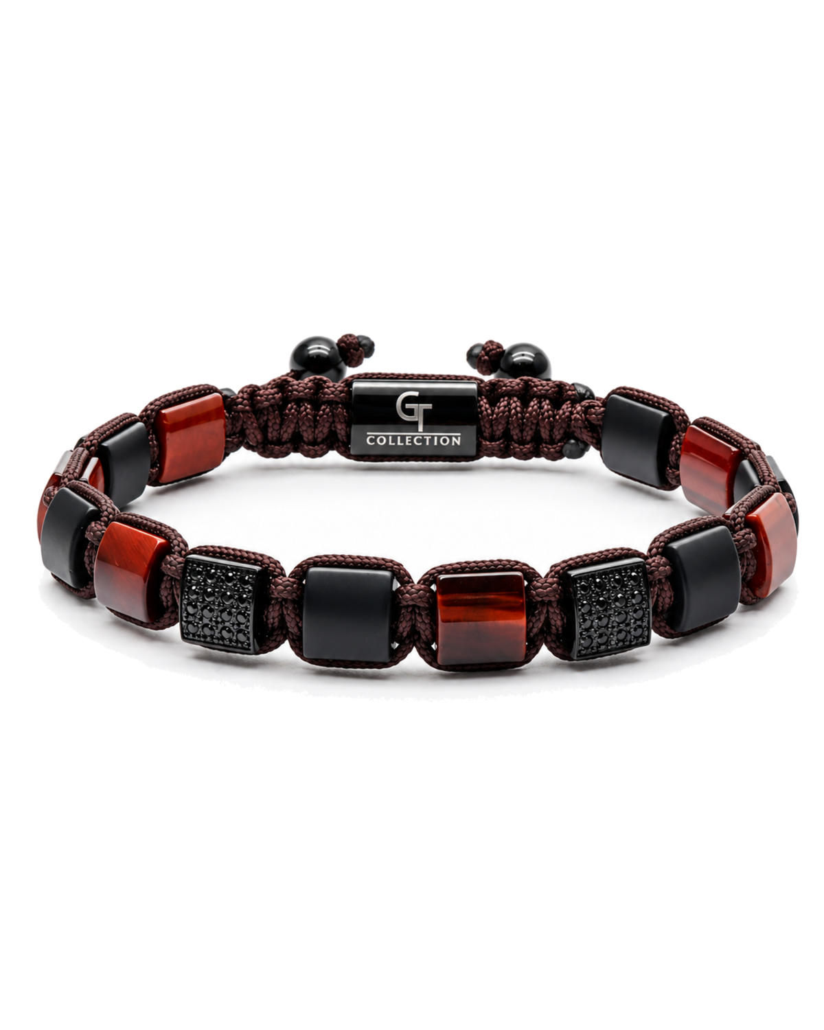 Beaded bracelet with red, black, and dark silver beads, center logo plate, braided cord