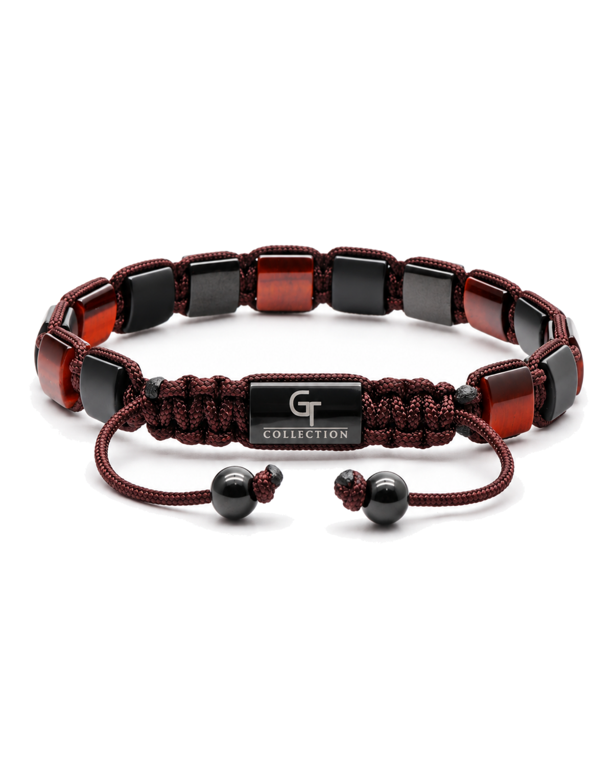 Beaded bracelet with red and black beads, braided cord with two round end beads, logo plate