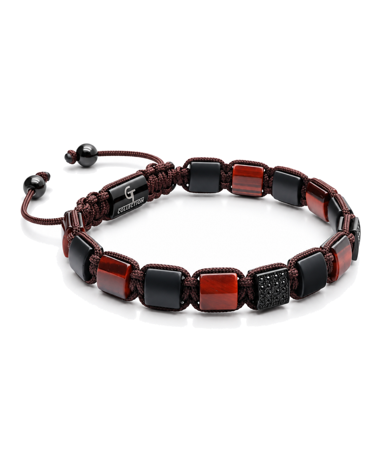 Beaded bracelet with red and black rectangular and round beads, braided cord, logo plate