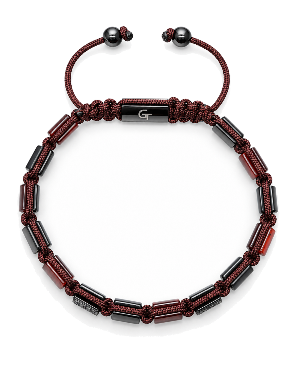 Beaded cord bracelet with red and black tube beads, dark end pieces, G COLLECTION tag