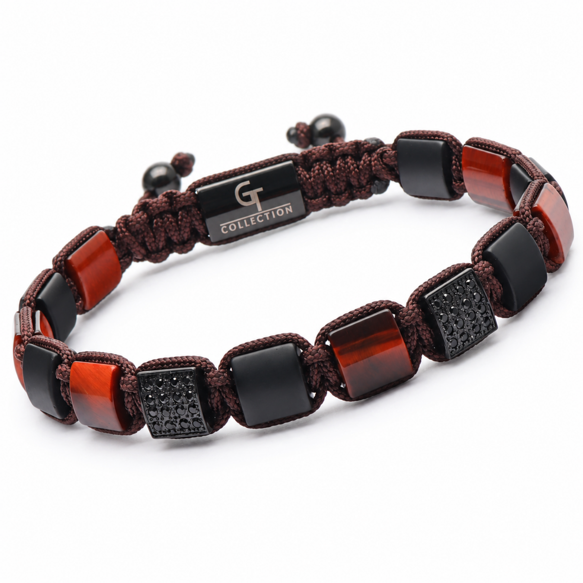Beaded men’s bracelet with dark brown cord, black and amber cube beads, textured spacers