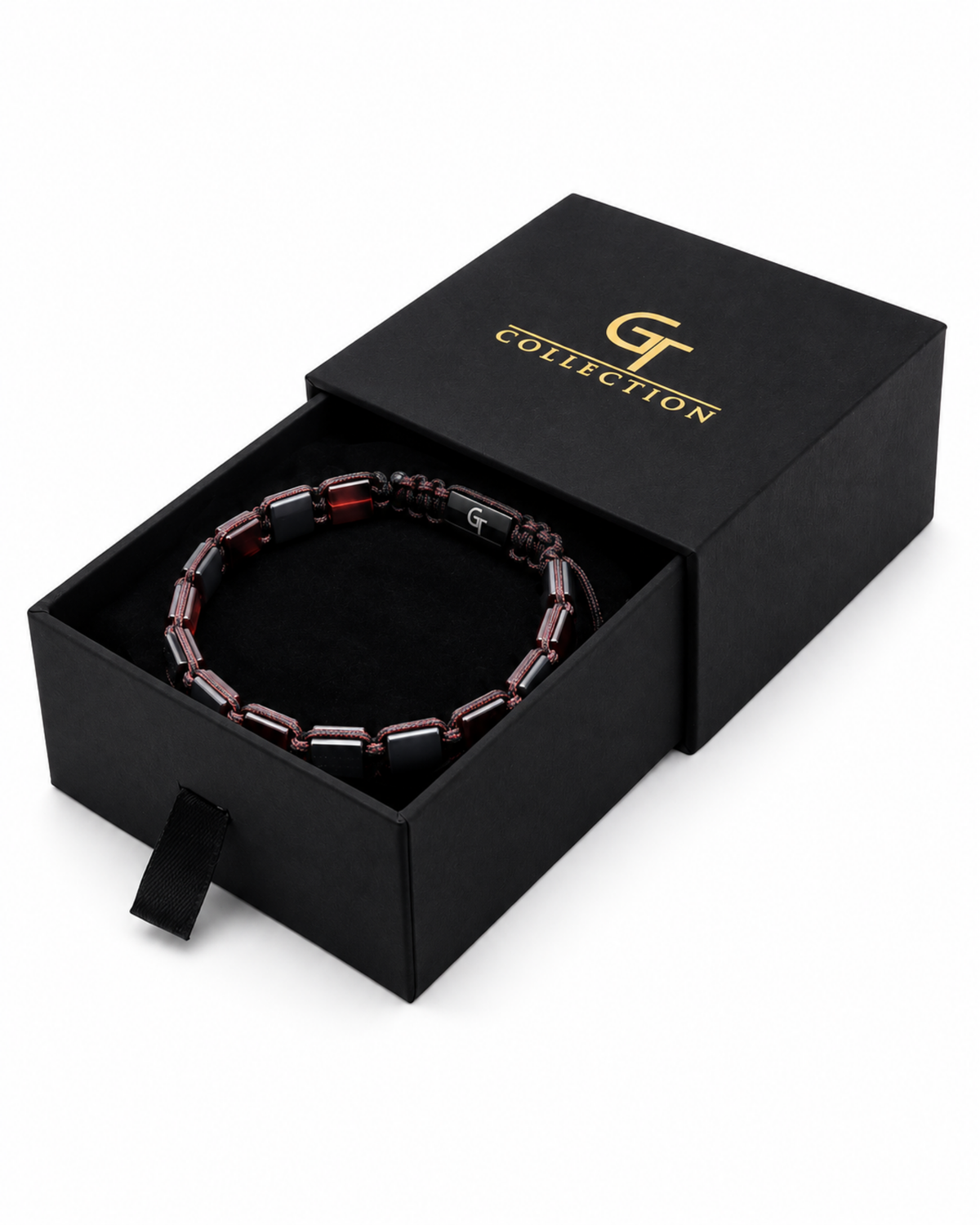 Beaded bracelet in black gift box, red and black beads with G COLLECTION logo