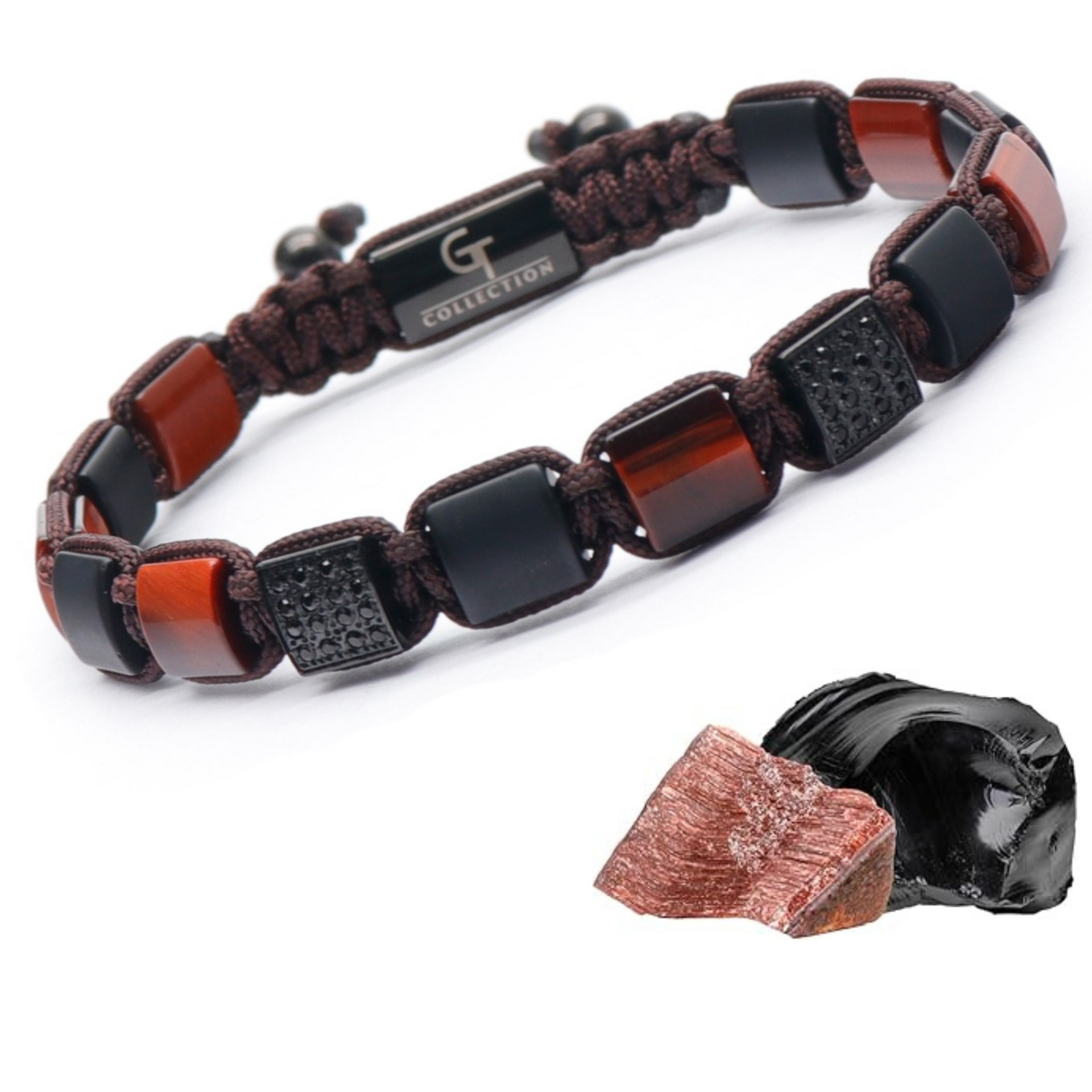 Red Tiger Eye, Matte Onyx Men's Bracelet - Black, Red Gemstones