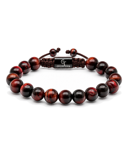Tiger eye single-row bead bracelet with red-brown and dark round beads