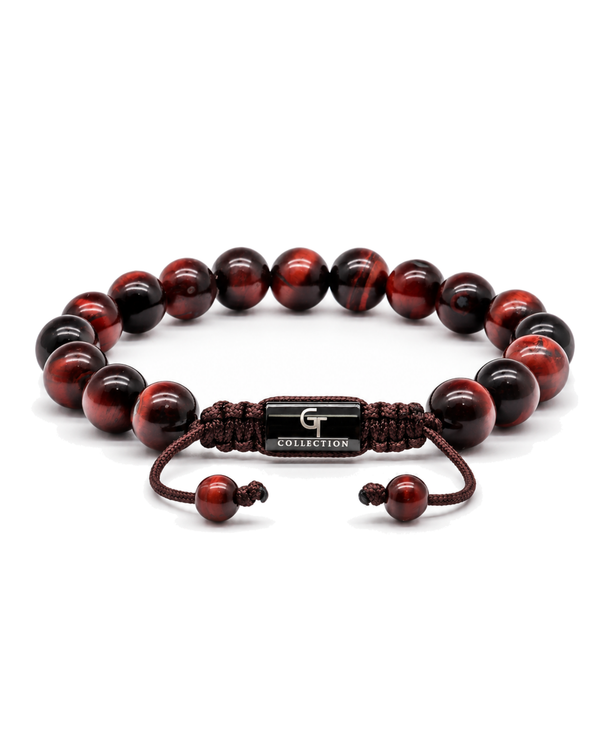 Single-row tiger eye bead bracelet with dark-red round beads and macrame slider