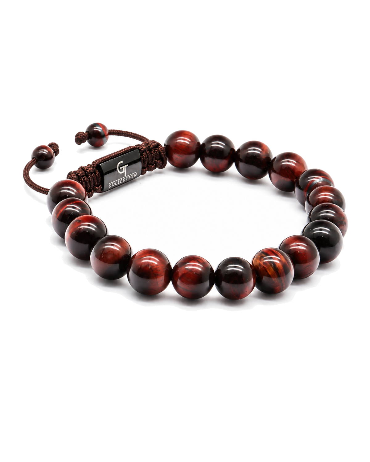 Tiger eye bead bracelet with dark and red-brown spheres and woven cord clasp