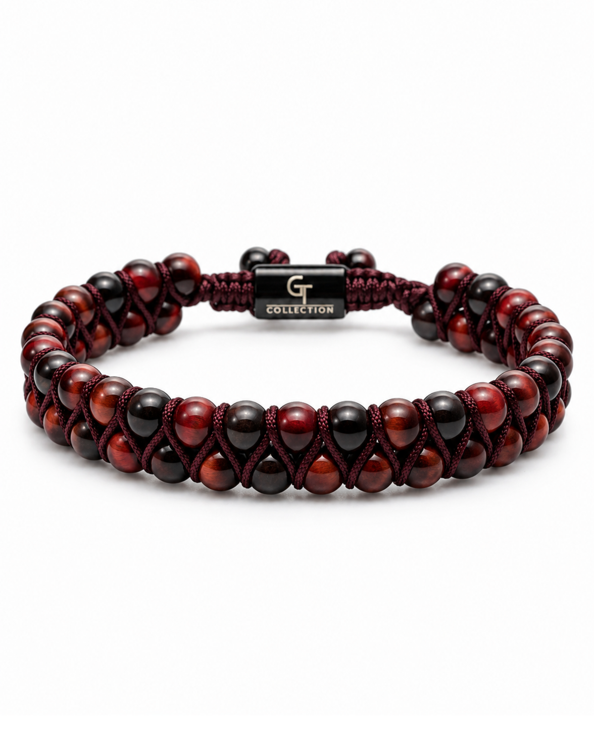 Double-row tiger eye beaded bracelet with red, brown, and black beads and clasp