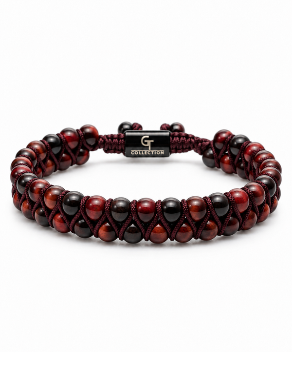 Double-row tiger eye beaded bracelet with red, brown, and black beads and clasp