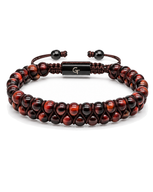 Double-row tiger eye bead bracelet with dark red and brown beads and metal center bar