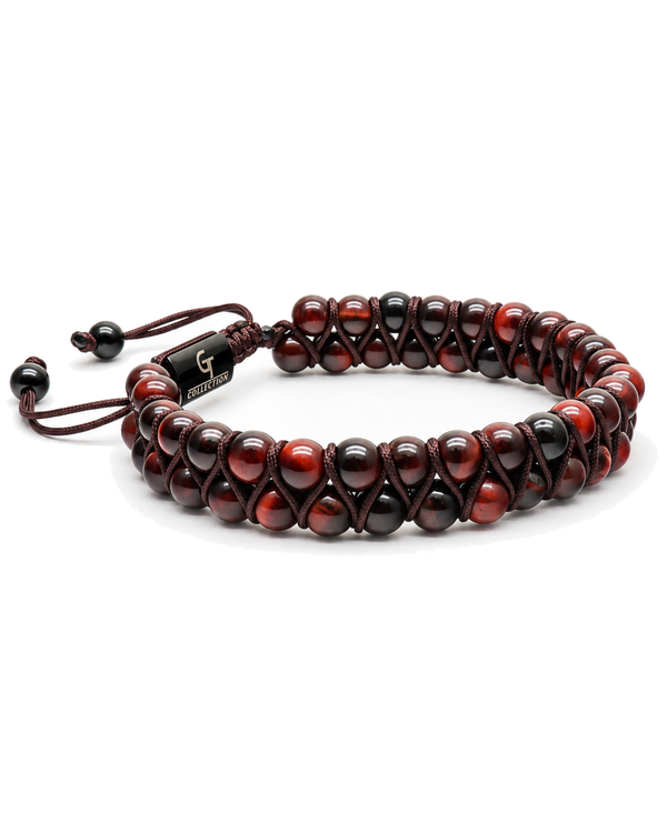 Double-row tiger eye bead bracelet with dark red and brown beads, black accents, cord tie
