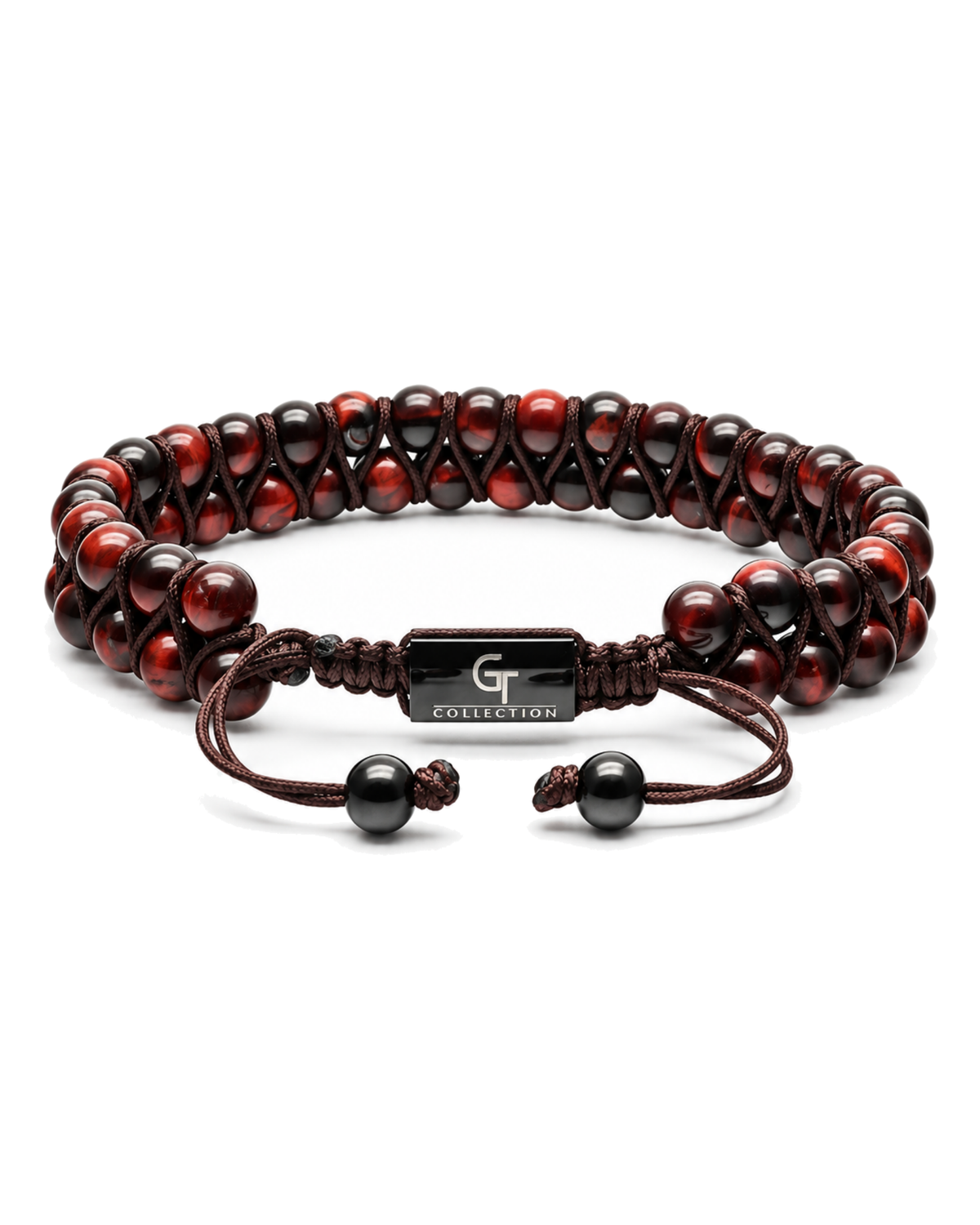 Double-row tiger eye bead bracelet with engraved center plate and braided cord ends