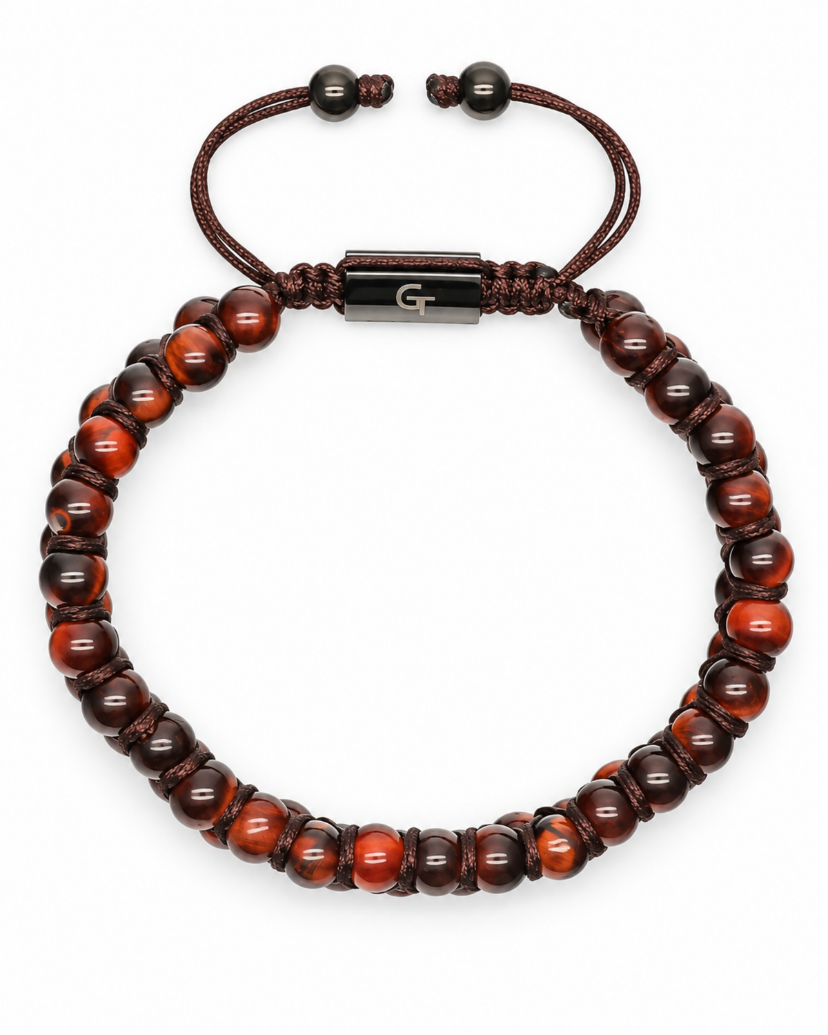 Tiger eye bead bracelet with dark red and brown beads, braided cord ties, round bead caps