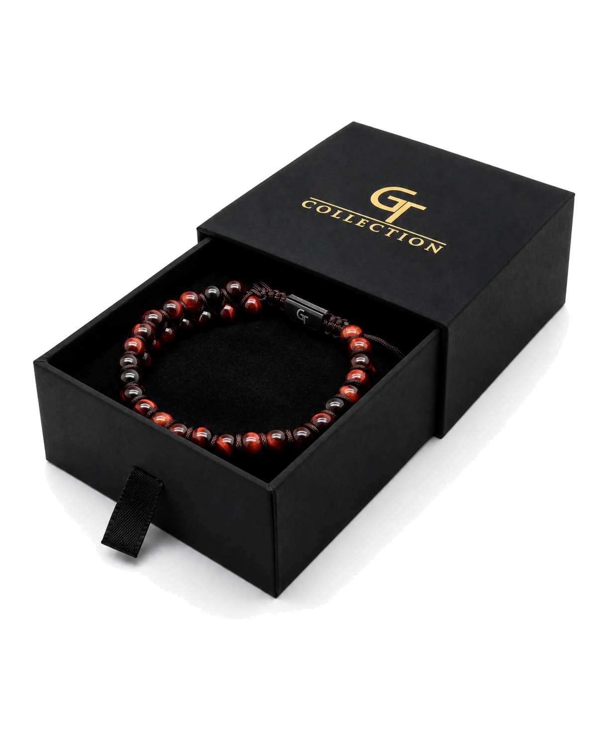 Tiger eye bead bracelet with dark red and brown beads, black spacers, adjustable cord tie