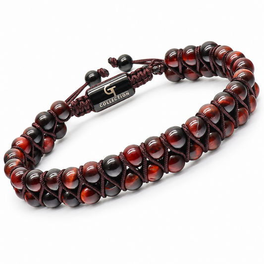 Bracciale da uomo con doppia perla OCCHIO DI TIGRE ROSSO