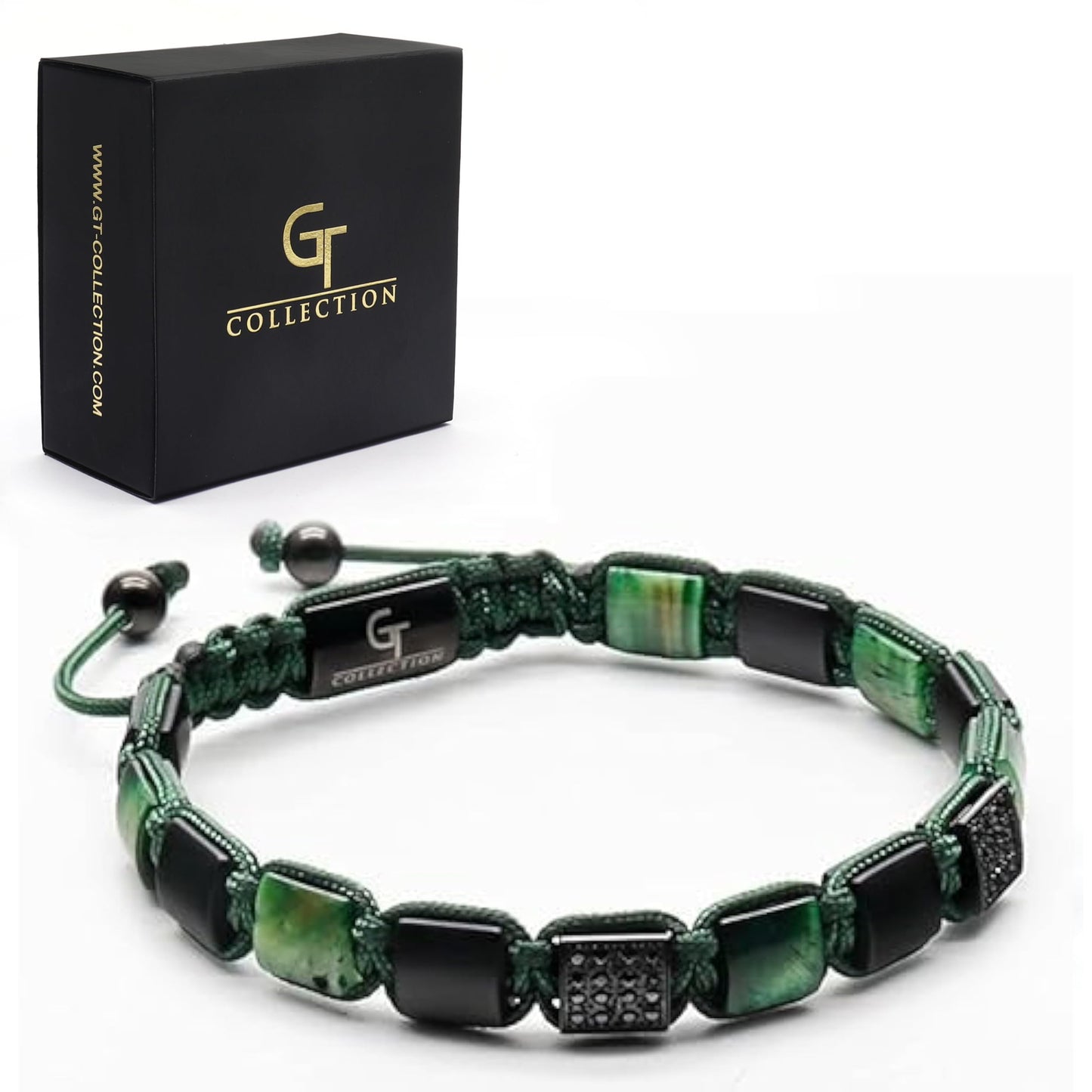 Pulsera de cuentas planas OJO DE TIGRE VERDE, ÓNIX MATE para hombre - Talla única