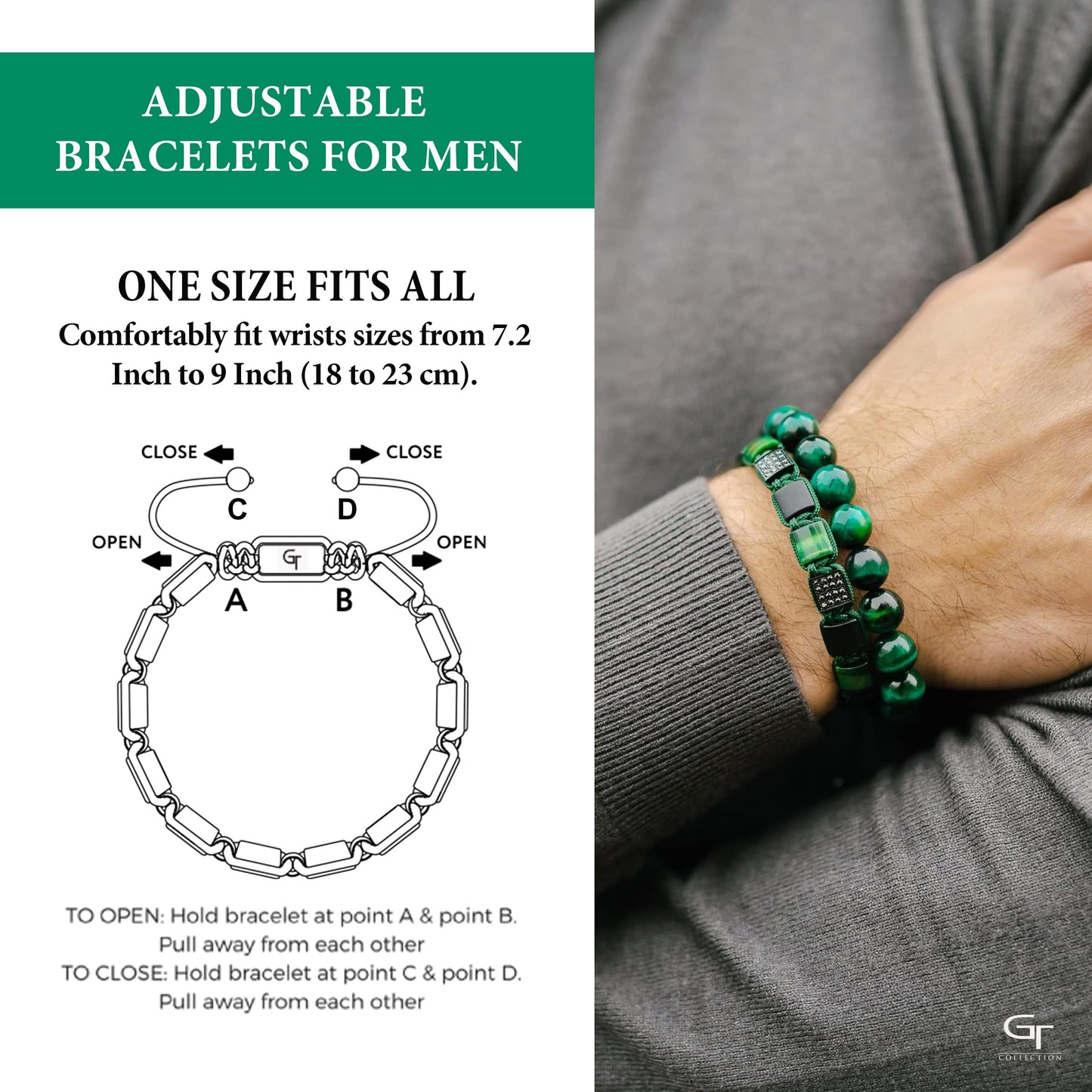 Pulsera de cuentas planas OJO DE TIGRE VERDE, ÓNIX MATE para hombre - Talla única