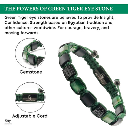 Pulsera de cuentas planas OJO DE TIGRE VERDE, ÓNIX MATE para hombre