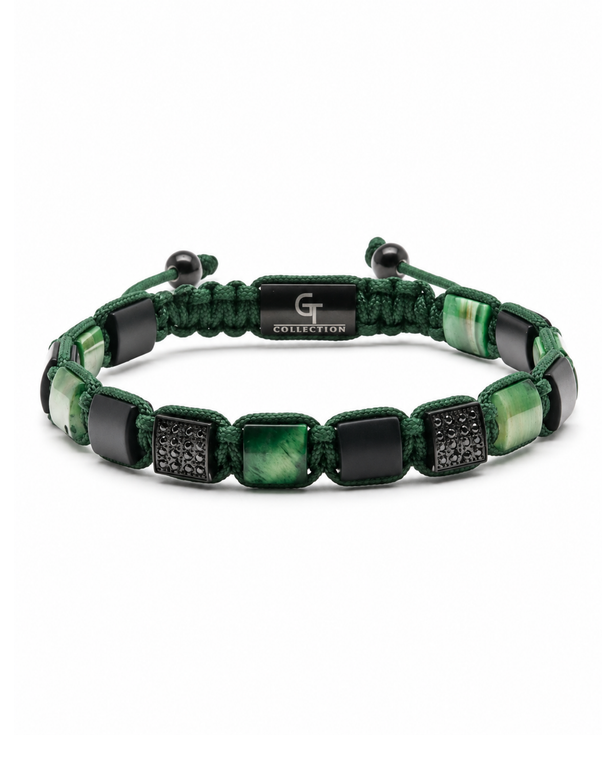 Green and black bead bracelet with flat tiger eye stones and onyx block beads Main image