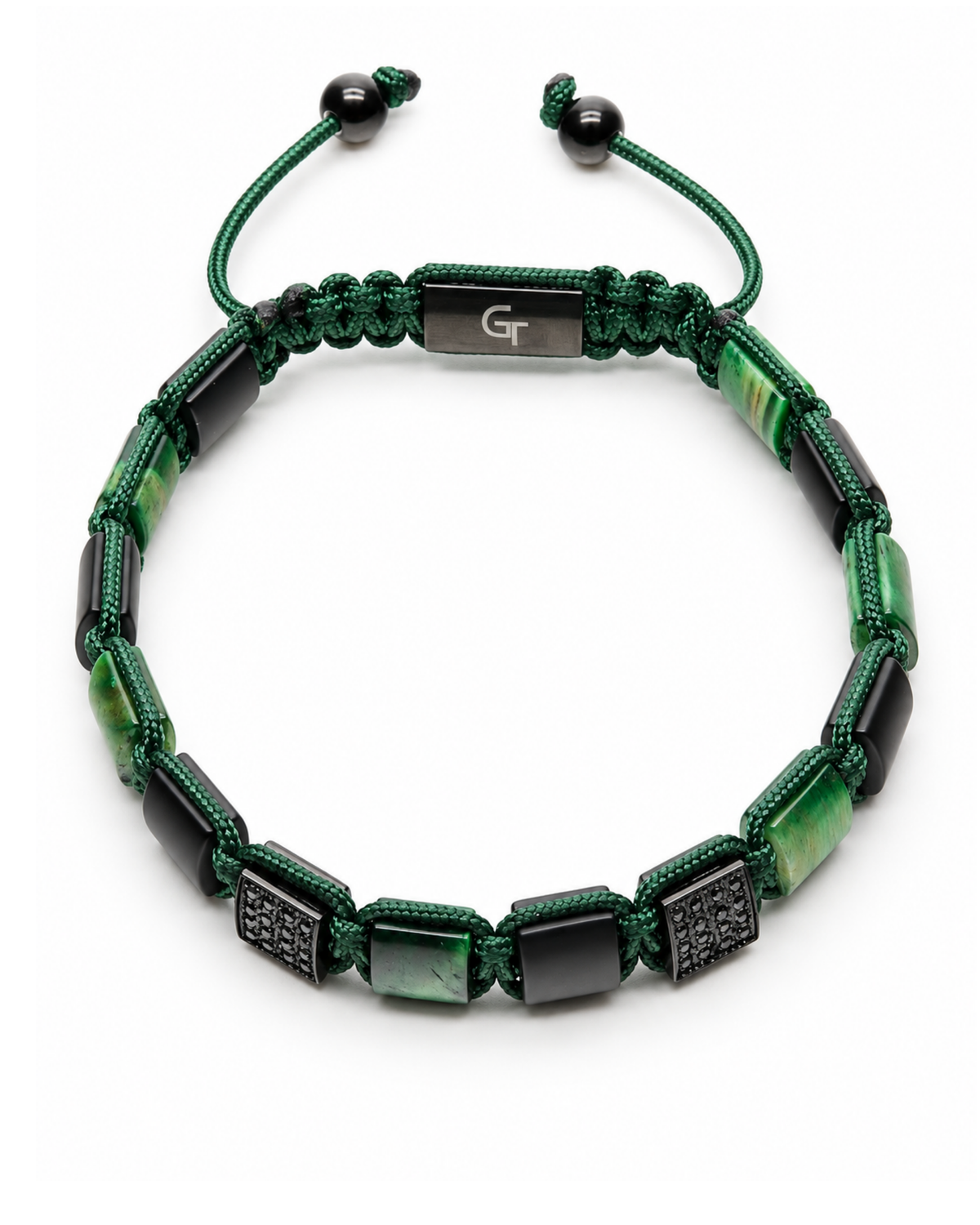 Green bead bracelet with tiger eye and black stone blocks, braided cord and end beads