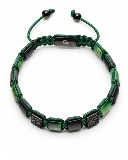 Green bead bracelet with tiger eye and black stone blocks, braided cord and end beads
