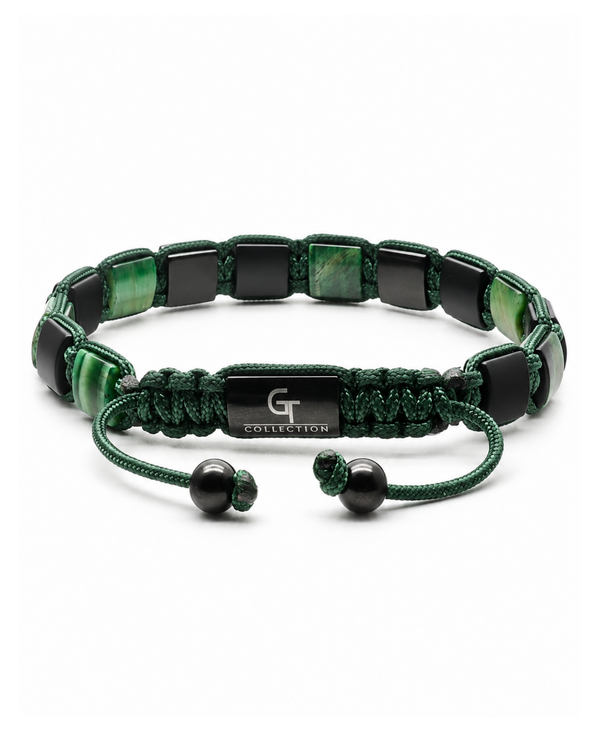 Green cord bracelet with square black onyx blocks, tiger eye inserts, and bead accents