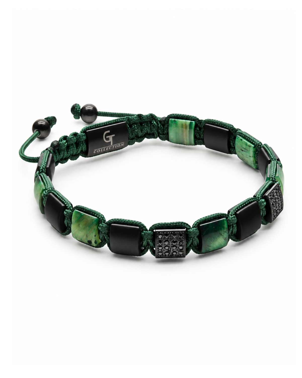 Green and black bead bracelet with braided cord, tiger eye panels, and onyx spacers