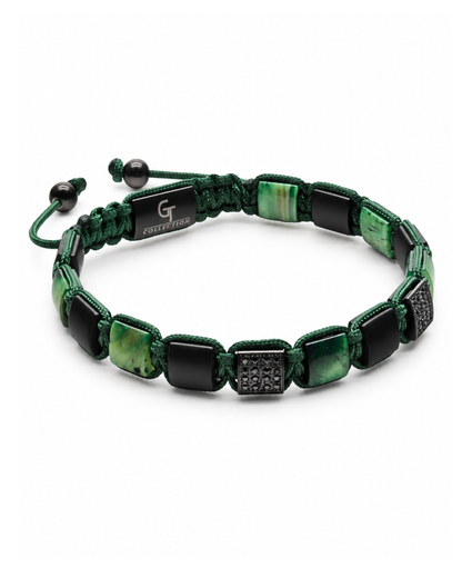 Green and black bead bracelet with braided cord, tiger eye panels, and onyx spacers