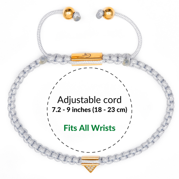Men's pyramid bracelet with light gray cord, gold center bar, and small zircon charms