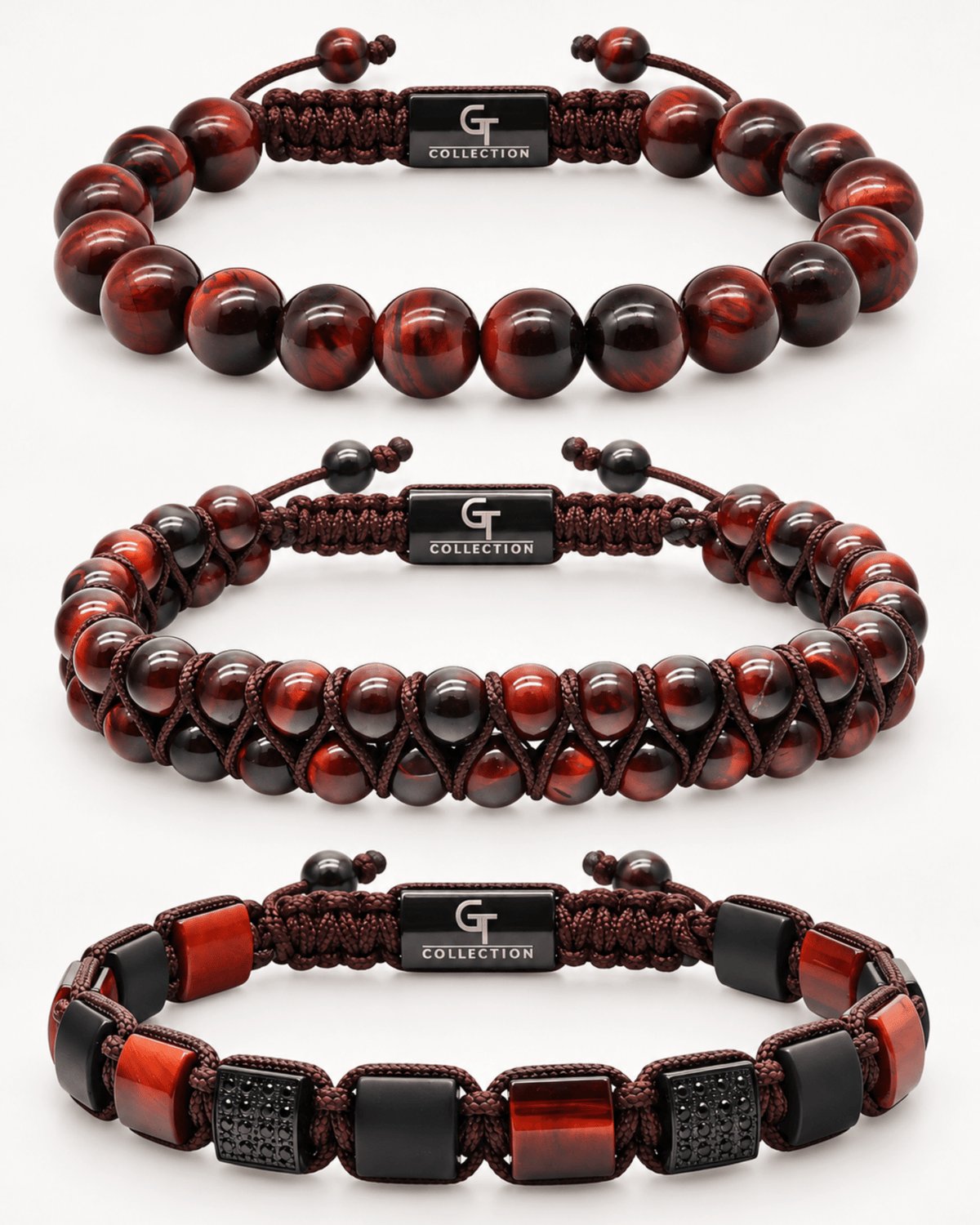 3-piece bracelet set with red tiger eye bead bracelets and black bead accents Imagen principal del producto