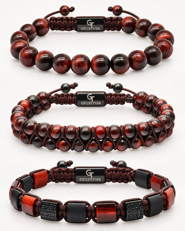 3-piece bracelet set with red tiger eye bead bracelets and black bead accents