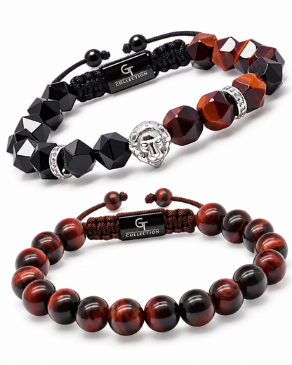 Gemstone beaded bracelet stack with black, red-brown, and silver lion charms