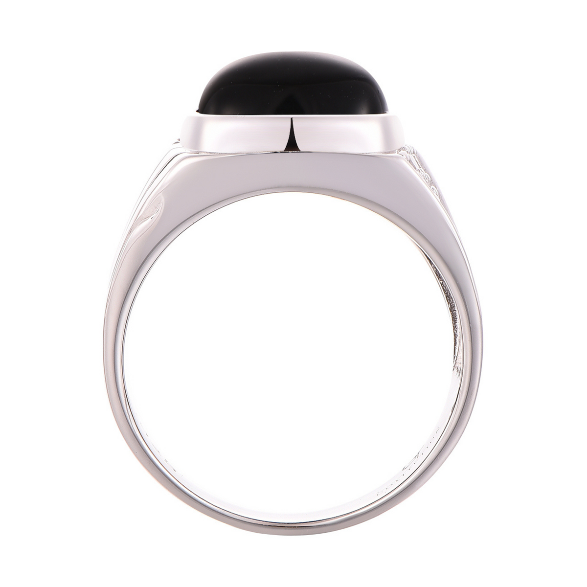 Sterling silver ring with black oval top stone and smooth open cuff profile