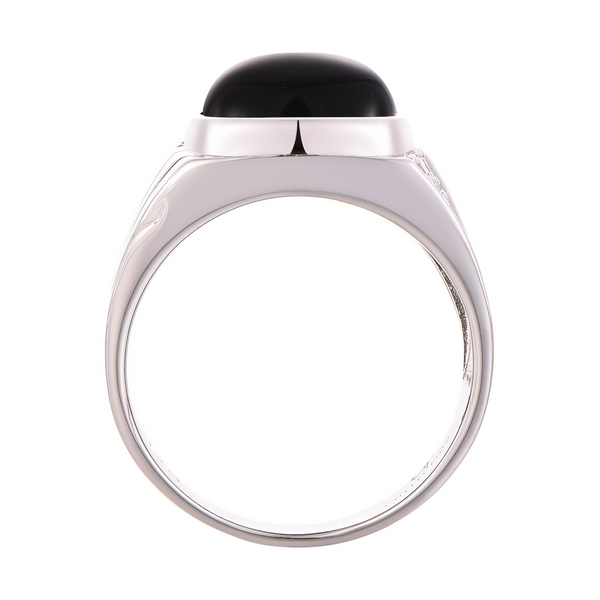 Sterling silver ring with black oval top stone and smooth open cuff profile