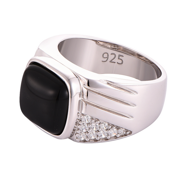 Men's 925 sterling silver ring with black onyx and pavé stones