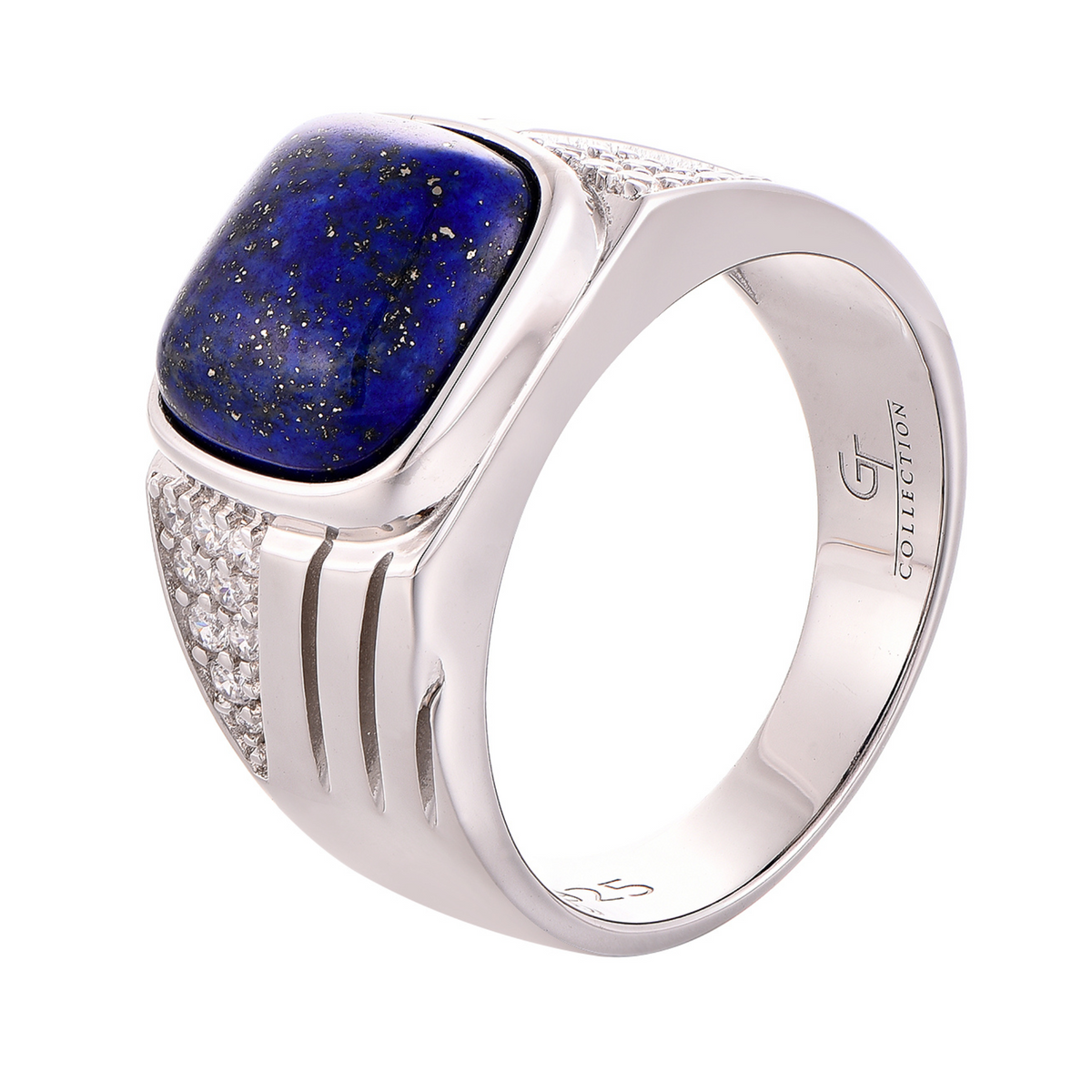 Silver 925 ring with cushion blue lapis stone and textured side panels Main image