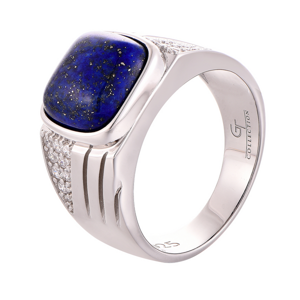 Silver 925 ring with cushion blue lapis stone and textured side panels