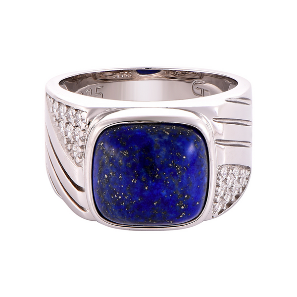 Silver 925 ring with rectangular blue lapis center and diamond-like pave detailing