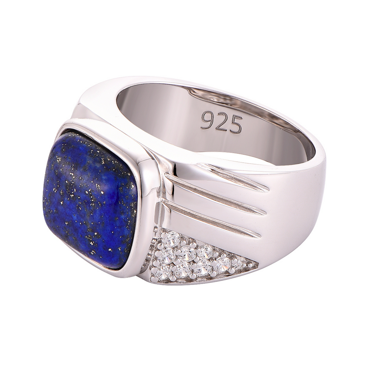 Silver 925 ring with oval blue lapis stone, ridged sides, and diamond-like pave