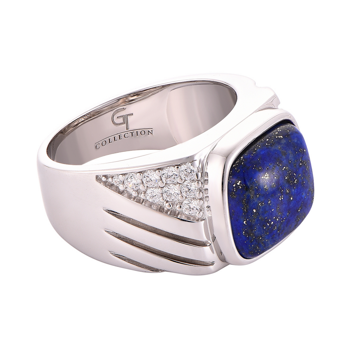 Silver 925 ring with blue lapis stone, ridged band, and diamond-like side pave