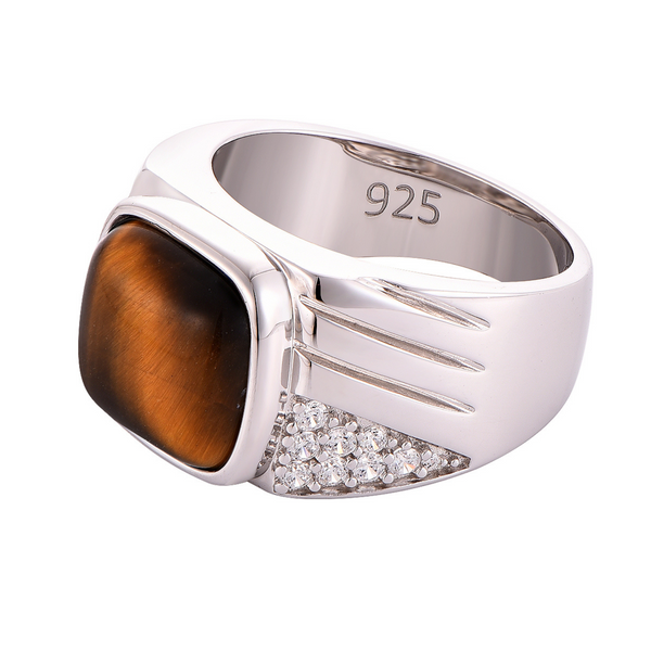 Men's 925 sterling silver ring with tiger's eye stone and clear pavé accents