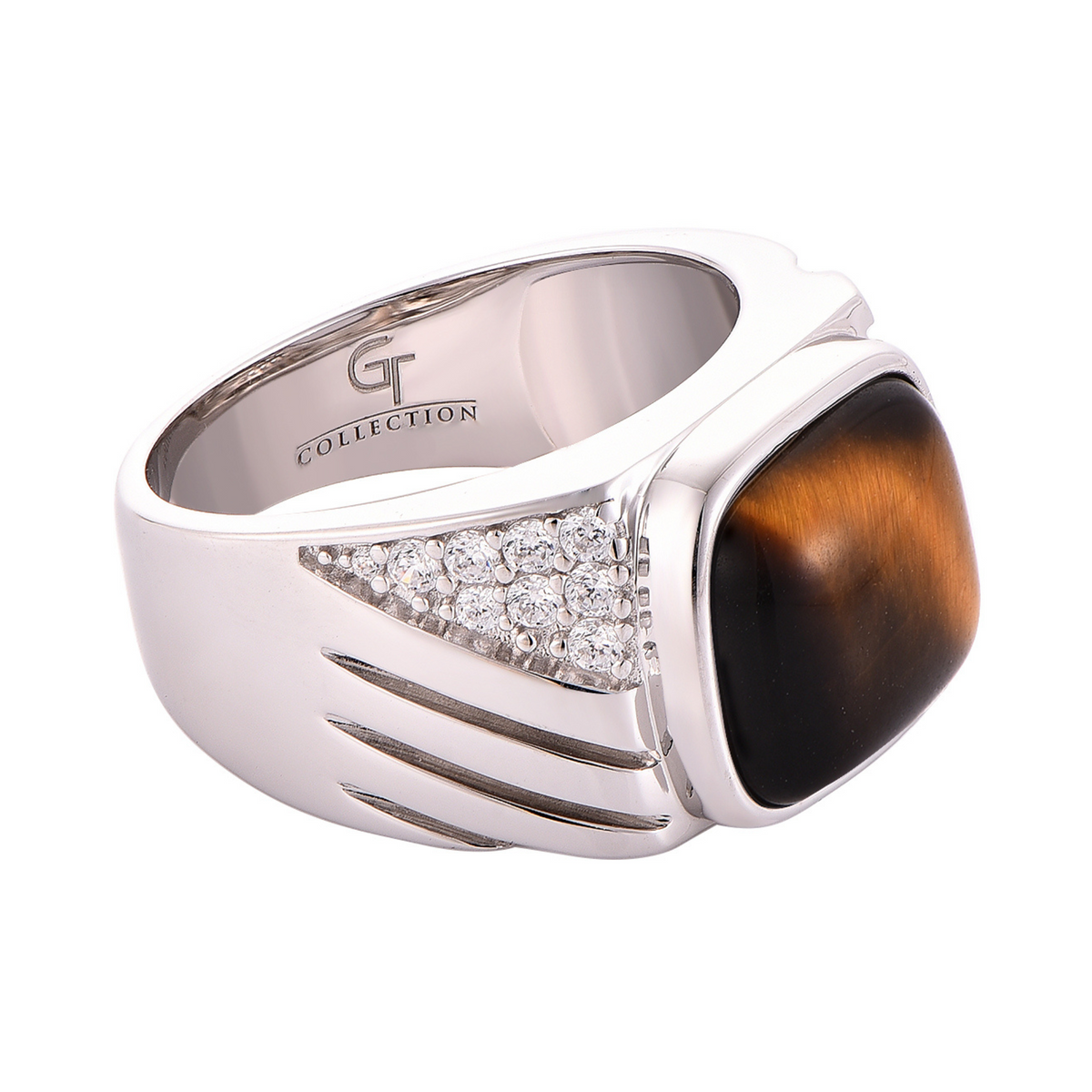 Men's sterling silver ring with tiger eye stone and pave accents