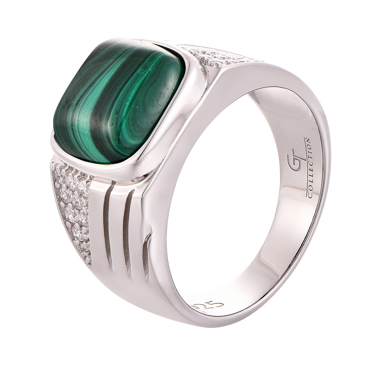 Sterling silver band ring with green malachite oval centerpiece and side clear stones