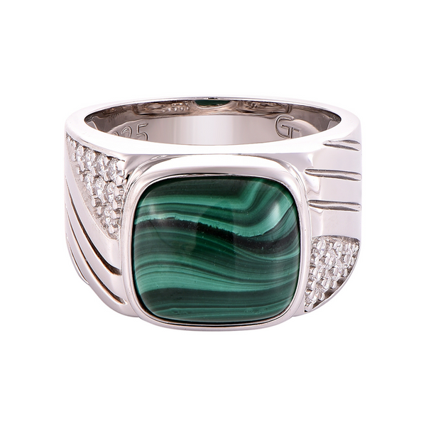 Wide sterling silver ring with malachite square cabochon center and textured pave details