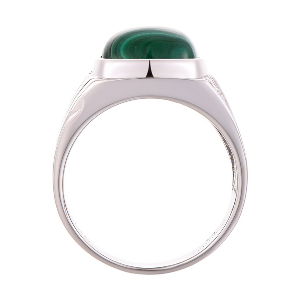 Sterling silver ring featuring green malachite oval top bezel