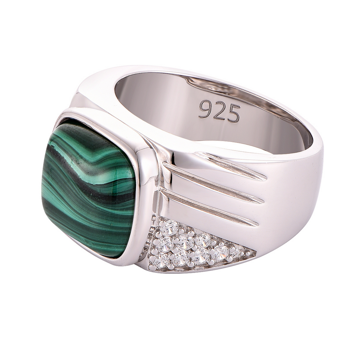 925 sterling silver ring with green malachite oval cabochon and diamond-like accents