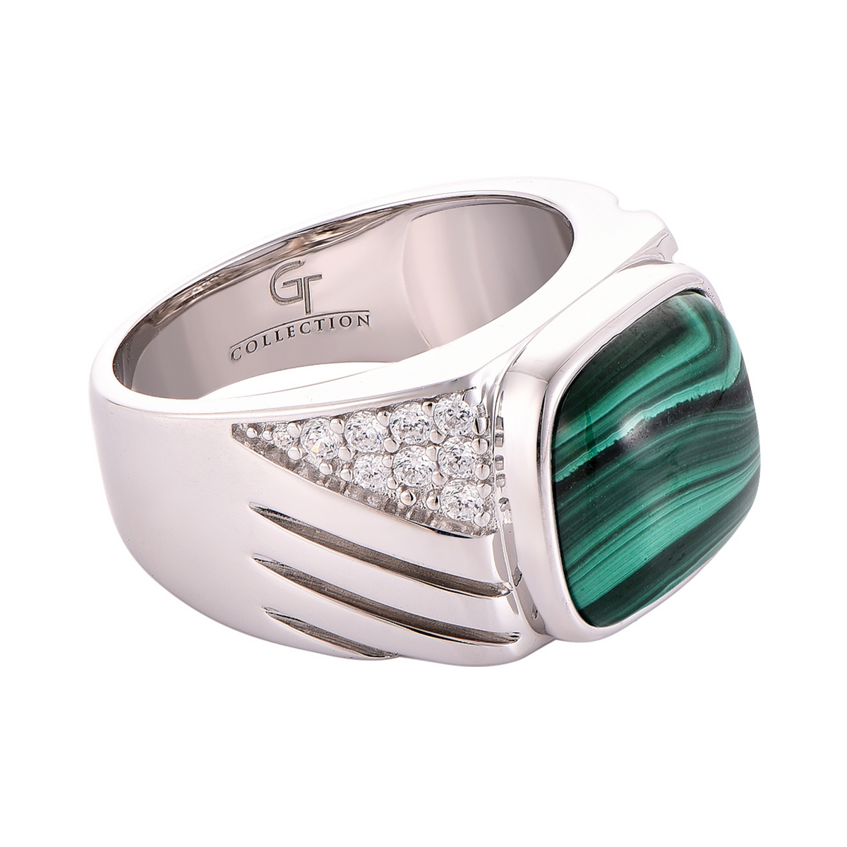Sterling silver ring with malachite oval stone, etched stripes, and clear stones