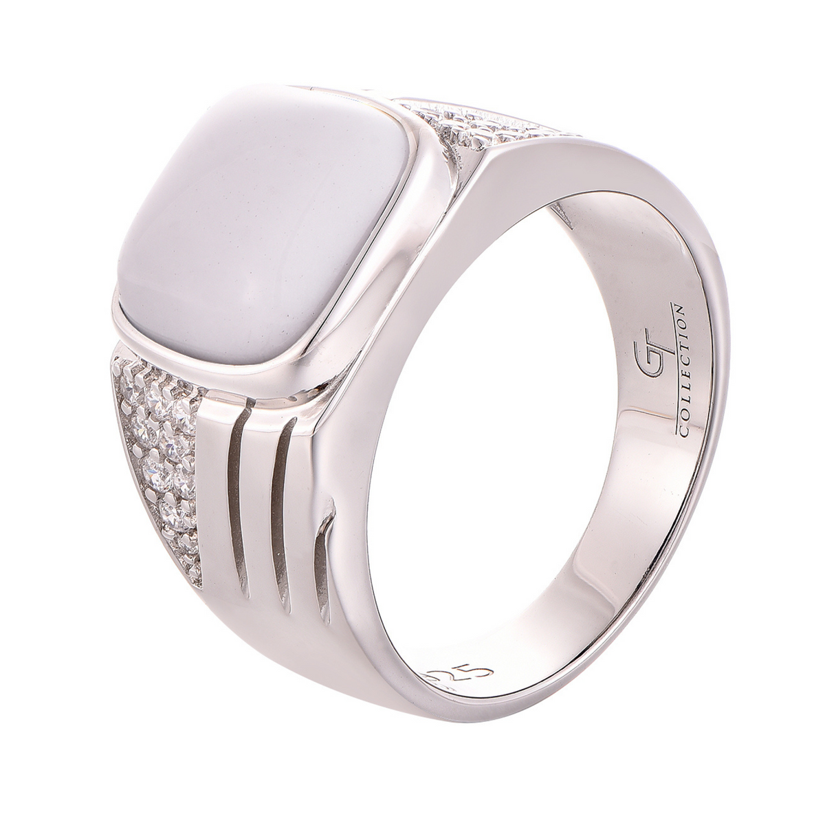 Men's sterling silver ring with white Howlite oval centerpiece and textured band